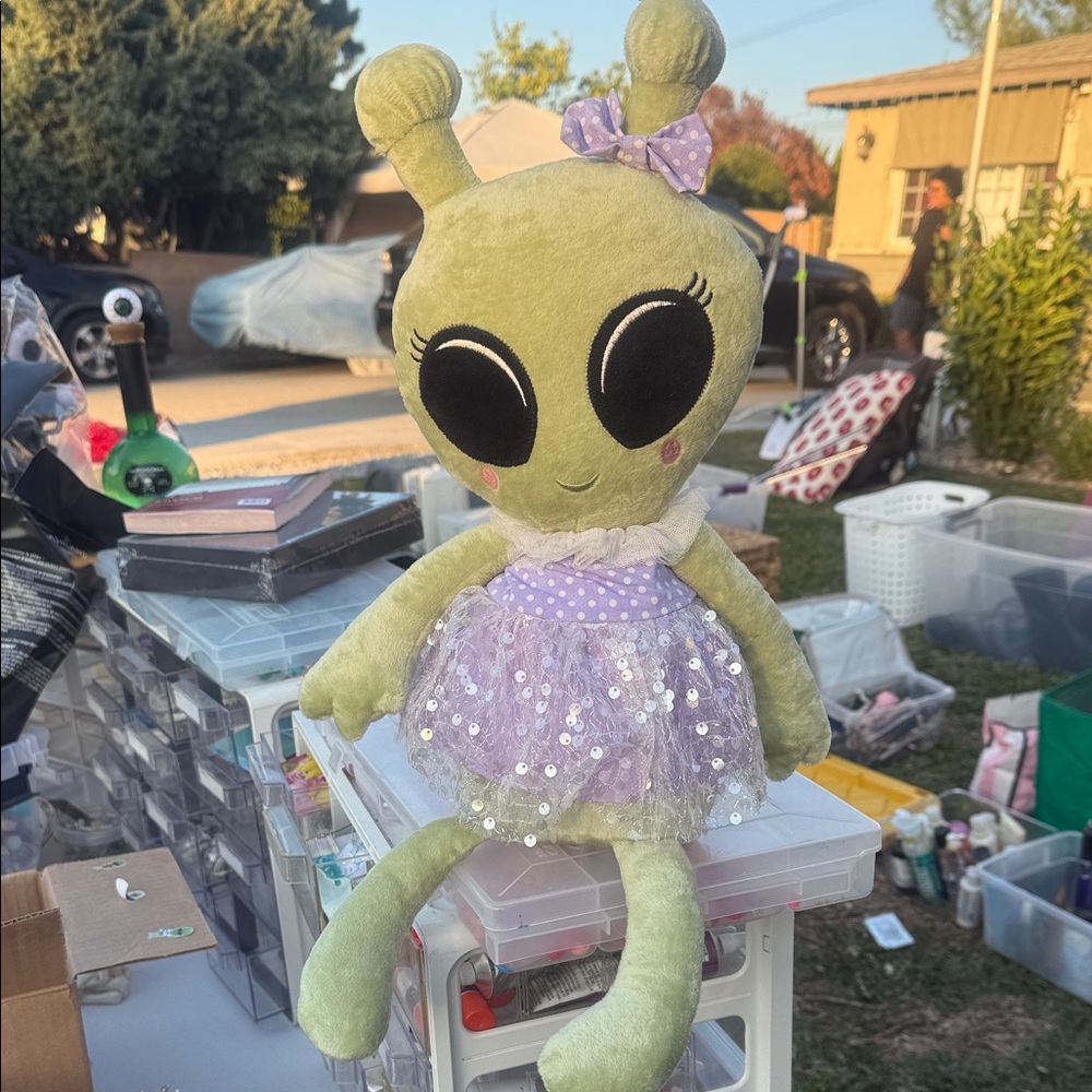 Green Alien Plush with Purple Sequin Dress